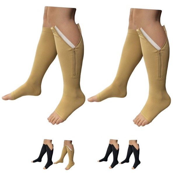 HealthyNees 2 Set Open Toe 20-30 mmHg Compression Leg Calf Swelling Zipper Sock (2 Pairs Beige, L/XL)