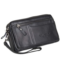 Men Clutch Bag Leather Wrist Purse for Men Women Travel Outdoor Business Organizer Wristlet Strap Pouch Coin Money Wallet Handbag Daypack Black