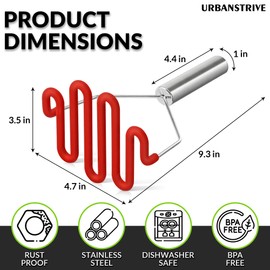 Urbanstrive Non-Scratch Silicone Potato Masher Kitchen Tool, Potatoes Masher Potato Masher Stainless Steel Wrapped In Premium Silicone, Potato Smasher, Red