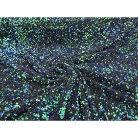 NEW CREATIONS FABRIC AND FOAM INC Green Iridescent 5mm sequins on a Black Stretch velvet 2 way stretch,yard