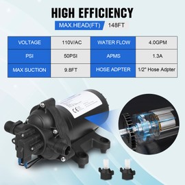 ECO-WORTHY 33-Series Water Pressure Diaphragm Pump Industrial 110V AC 4.0GPM Flow 50PSI Rated Pressure Self Priming RV Fresh Water Pump for Camper Kitchen Bathroom Marine Yacht Caravan