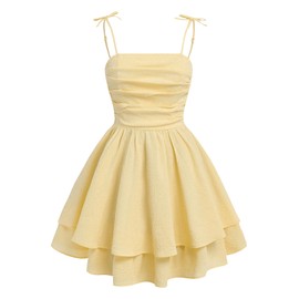 SHENHE Girl's Smocked Ruched A Line Swing Dress Layered Tie Shoulder Flowy Cami Short Dress Mustard Yellow 13 Years