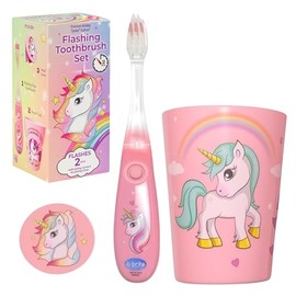 Lily's Home - Cepillo de dientes para niños con temporizador intermitente con taza y funda para cepillo de dientes. Anima a los niños a cepillarse los dientes (unicornio)