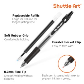 Shuttle Art Gel Ballpoint Pens, Gel Pens, Gel Ink, Clickable, Black, 36 Pack, 18 Pens, 18 Refills, 0.7mm, Quick-Drying, with Clip, for Notebooks, Graphs, Sketches, Office Use, Writing Instruments