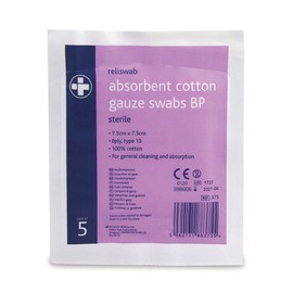 Reliance Medical Reliswab Cotton Gauze Swab - Sterile, 8 Ply, BP Cotton Material - High Absorbency Quality to Prevent Dryness & Clean Wound Surface - W.7.5 x L.7.5 cm - (4 x 5) Pack of 20