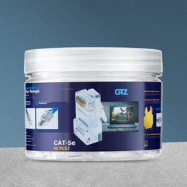 GTZ Cat5e RJ45 Pass Through Connector 50-Pack - EZ Cat 5e Pass Through RJ45 Connectors - Cat 5e Connectors - Ethernet Connector, Ethernet Plug - for Solid or Stranded UTP Network Cable