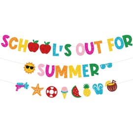 School’s Out for Summer Banner for Last Day of School Summer Holidays End of School Party Decorations, Colorful Glitter Banner Party Favors