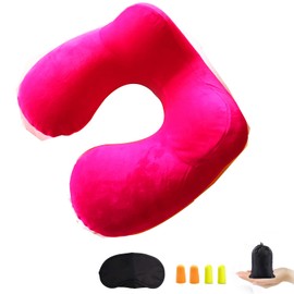 Inflatable Travel Pillow for Airplane Inflatable Neck Pillow for Traveling, Compact Ergonomic Neck Pillow Kits with Ear Plug and Eye Mask, Sleeping Rest Cushion for Airplane, Car, and Train (Rose)