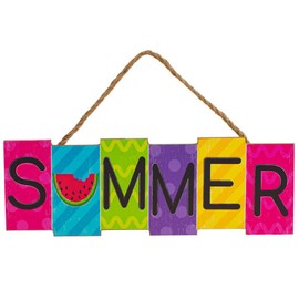 Summer Sign Colorful Wreath Decoration - 14" x 5", Pink, Turquoise, Green, Purple, Yellow, Watermelon, Wood Wall Decor, Front Door, Home, Kitchen