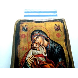Wooden Greek Christian Orthodox Wood Icon of Virgin Mary ans Jesus Christ / A0
