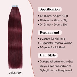 Sunya Tape in Hair Extensions Human Hair Invisible Tapes Hair Extension Burgundy Tape in Hair Extensions 12 inch Straight Hair Extension 40g 20pcs/Pack
