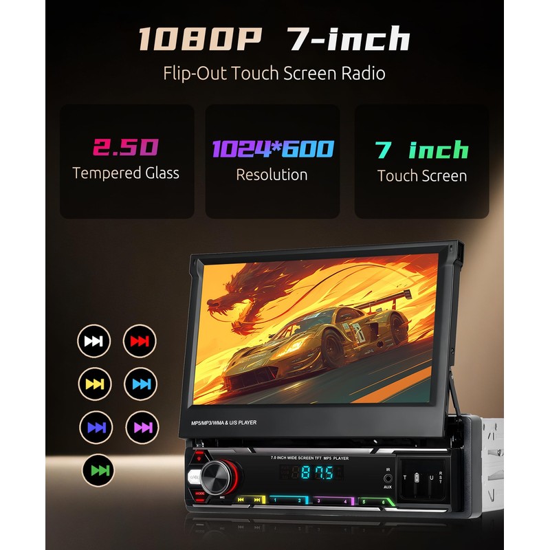 Wireless CarPlay Single Din Car Stereo,5.1 Bluetooth Car Radio AM/FM/RDS,7-Inch