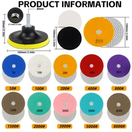 Erzekrim 14 Pieces Diamond Wet with M14 Polishing Discs Diamond Polishing Pads Diamond Polishing Set Rubber Backing Pad + 2 Wool Felt 100 mm Sanding Pads 50-8000 for Granite Concrete Tiles Stone