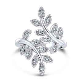 Nature Ivy Vine Leaf Fashion Statement Ring for Women Cubic Zirconia Pave CZ Bypass Silver Plated Brass