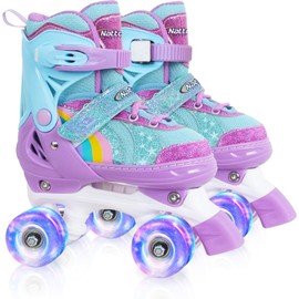 Girls Rainbow Unicorn Roller Skates for Little Kids Toddler Ages 3-5 3 4 5, 4 Size Adjustable Quad Skates with All Light Up Wheels - Best Birthday Gift for Outdoor Sports - Teal