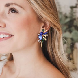 EVER FAITH Austrian Crystal Fashion Statement Earrings, Art Deco Marquise Drop Cluster Bridal Party Colorful Dangle Earrings for Woman (Iridescent Blue Gold-Tone)