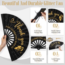 Vercraft 12 Sets Large Wedding Glitter Foldable Fans Bulk Wedding Festival Handheld Fans with Organza Bag Thanks for Celebrating with Us Favors for Guests Bridal Shower Wedding Dancing Party(Black)