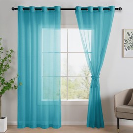 JIUZHEN Semi Sheer Curtains for Living Room - 90 inches Long with Tiebacks Light Filtering Grommet Window Curtains for Bedroom/Office, 52Wx 90L, Set of 2 Panels,Turquoise