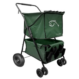 EasyGo Product Fishing Cart Wagon - Holds 5 Poles – Portable Large Air Rubber Wheels Cooler Platform Storage Pouch Folds to Fit in Trunk of Car Piers, Lakes, Rivers and Beaches Patents Pending, Green