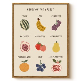 Framed “Fruit of the Spirit” Wall Art 12x16 Canvas Print, Bible Verses Inspirational Cute Fruits Illustrations Religious Artwork, Love, Joy, Peace Nursery Kids Room Sunday School Decor
