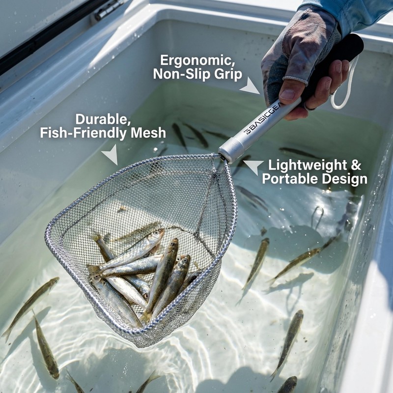 BasicGear Compact Baitwell Landing Net – 8"× 6" Hoop, 11"