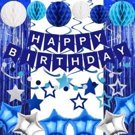 Blue Birthday Decorations Set, Happy Birthday Banner Foil Curtains Honeycomb Balls Hanging Swirls and Balloons Circle Dots Garland for Party Decoration Supplies
