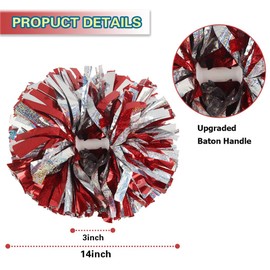 Lovecheer - 2 pompones de animadora, color rojo y plateado, con mango de bastón, para fiestas de equipo deportivo, para niños y adultos