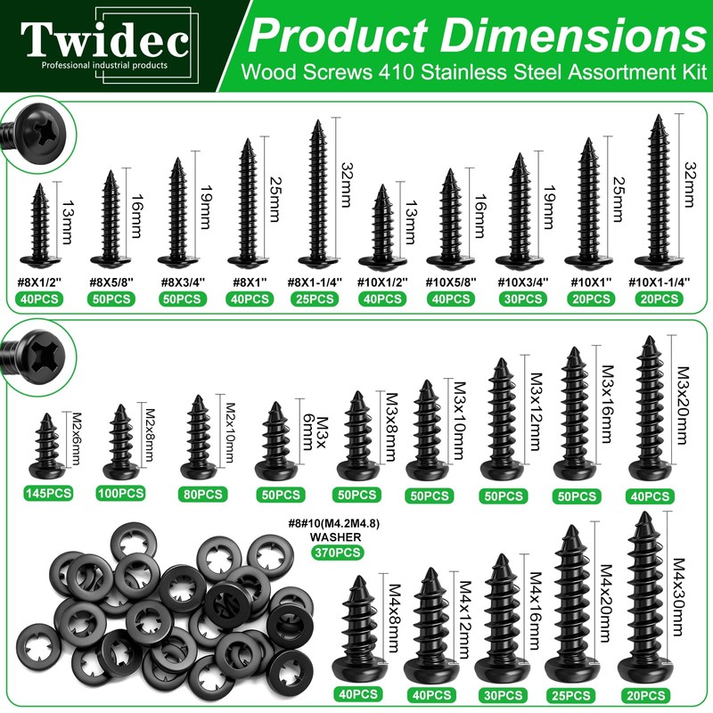Twidec/1510PCS Black Wood Screws M2 M3 M4#8#10 Truss Head＆Pan Head