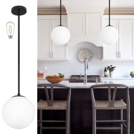 Bagood 10 Inch Globe Pendant Light Contemporary Globe Pendant Lights Black Mid Century Pendant Light Adjustable Hanging Light Fixture Matte Black Finished with Milk Glass Lampshade for Kitchen Island