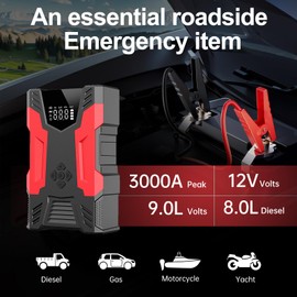 Portable Car Jump Starter with Air Compressor - 3000A Jump Box with Air Compressor and Tire Inflator and Battery Jumper for Car Battery (9.0L Gas/6.5L Diesel) with 150PSI Auto-Shutoff