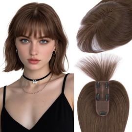 Hairro Human Hair Toppers For Women Wispy Air Bangs 3D Cover Remy Top Hair Pieces Clip On Wiglet Hair Extensions Handmade Toupee Hairpiece 12 Inch 41g #2R Dark Brown