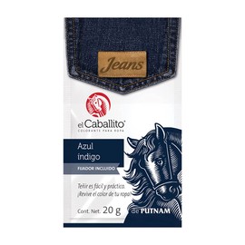 el Caballito Jeans, el único Colorante en Polvo para ropa color Azul índigo ¡Revive y cambia el color de tu prenda favorita! Sobre con 20g