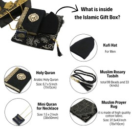Muslim Prayer Rug with Islamic Gift Set Box - Islamic Salah Mat, Muslim Kufi Hat, Holy Quran, Muslim Rosary Tasbih, Mini Quran for necklace, Muslim Prayer Rug for Men & Women Gift Set Black KF01