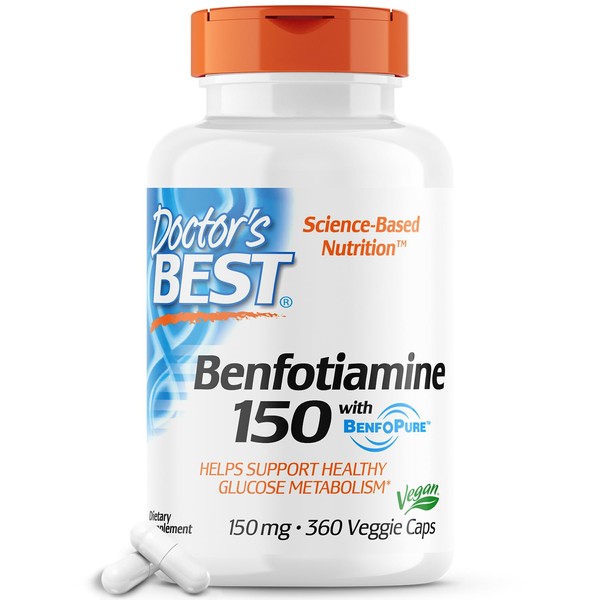 Doctor's Best Benfotiamine 150 with BenfoPure, Helps Maintain Glucose Metabolism, Non-GMO, Vegan, Gluten Free, Soy Free, 150 mg, 360 Veggie Caps