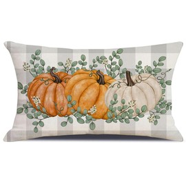 Fall Pumpkin Maple Leaves Throw Pillow Cover, 12x20 Inch Autumn Thanksgiving Buffalo Pliad Lumbar Cushion Cover for Home Couch Sofa Living Room Bedroom Decor Orange CBZ08-01