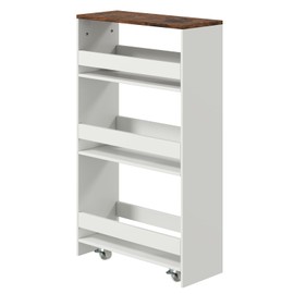 POWERSTONE 4-Tier Slim Storage Cart, Narrow Kitchen Rolling Cart w/Handle & Open Shelves, Skinny Slide Out Utility Organizer Trolley for Kitchen Bathroom Laundry Small Spaces White & Rustic Brown