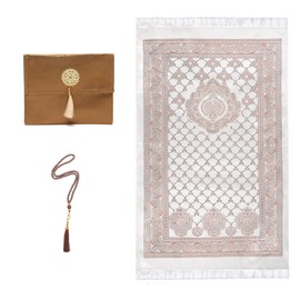 Lenmipot Prayer Rug Muslim Namaz Portable Blanket Ramadan Prayer Soft Mat Islamic Eid Gift Rug Set with Beads Muslim Thin Rug - Light Golden