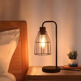 Modxian Industrial Vintage Table Lamp with Plug-in Cord Switch, Black Farmhouse Table Lamp with Metal Cage Shade, E26 Base Edison Bedroom Nightstand Light for Bedside, Office, Living Room