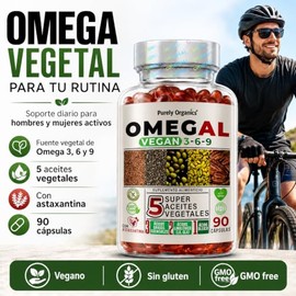 Omegal | Omega 3, 6 y 9 de origen Vegetal + Astaxantina con Ácidos Linoleico y Oleico | Omega 3 6 9 capsulas Vegano | Purely Organics, 90 Cápsulas
