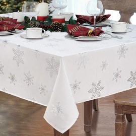 Alishomtll Christmas Tablecloth Table Cover Waterproof Table Cloth Rectangular Wipe Clean, Silver Snowflake Xmas Washable Tablecloth for Holiday Dinner Kitchen Party New Year, 55x79in/140x200cm