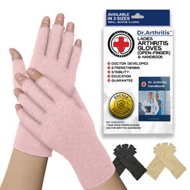 Doctor Developed Arthur Aid - Fingerless Cotton Compression Gloves - Arthritis Relief for Women/Men, With Doctor Handbook (Pink, L)