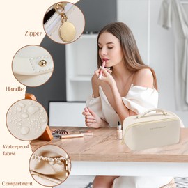 SVVDOWOU Travel Makeup Bag, Large Capacity Travel Cosmetic Bag for Women, Waterproof Portable Two-Way Zipper Toiletry Bag,Organizer Bag With Dividers and Handle (white)