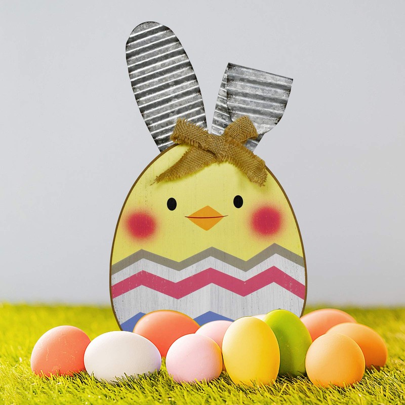 K KILIPES Easter Wood Bunny Sign Table Top Colorful Egg