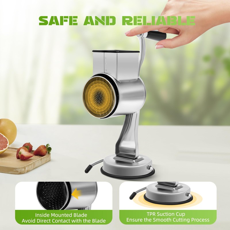 Manual Rotary Food Grater, Handheld Drum Slicer Shredder with 5
