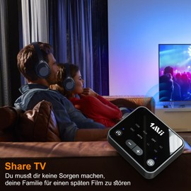 1Mii B06T6 Bluetooth 5.3 Transmitter for TV, aptX Low Latency/HD/Adaptive Wireless Audio Transmitter, Dual Connection for 2 Headphones, 30 m Range, Optical/USB/AUX/RCA Inputs, Volume Control