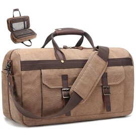 Duffle Bag for Men Waterproof Genuine Leather Canvas Travel Duffel Bags for Women Overnight Weekender Bag for Traveling, Brown