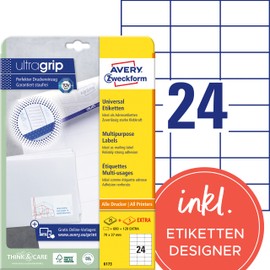 AVERY Zweckform 6173 Adressaufkleber (600 plus 120 Klebeetiketten extra, 70x37mm auf A4, Papier matt, bedruckbare Absenderetiketten, selbstklebende Adressetiketten mit ultragrip) 30 Blatt, weiß
