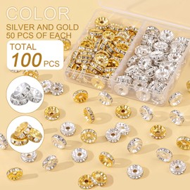 100 pcs 10mm Spacer Beads for Crafting, Silver and Gold Rondelle Spacer Beads Bulk, Fancy Sparkle Crystal Rhinestone Spacer Beads for Necklace Bracelet Earring Jewelry Making and Pens DIY