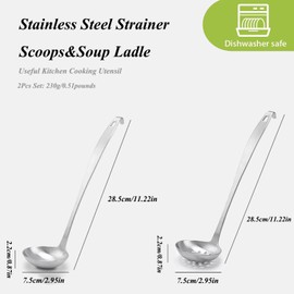 Metal Soup Ladle,Stainless Steel Soup Ladle Scoop and Slotted Spoon Set of 2 with Hook and Hole,Cooking Utensil Set for Kitchen