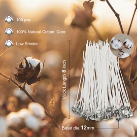 Ohcans 100pcs Cotton Candle Wicks 8'' Pre-Waxed for Candle Making,Candle DIY, with 100 Pcs Metal Candle Wick Sustainer Tabs,Thick Candle Wick with Base